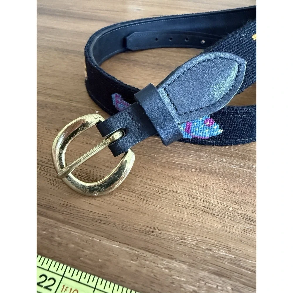 Handmade belt Needlepoint Fish  Mahi Leather Canvas Brass Buckle USA Sz 32 S/M